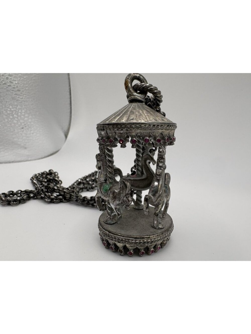Bob Mackie Carousel Enamel Pendant Necklace Silver Tone Horse Carnival Circus
